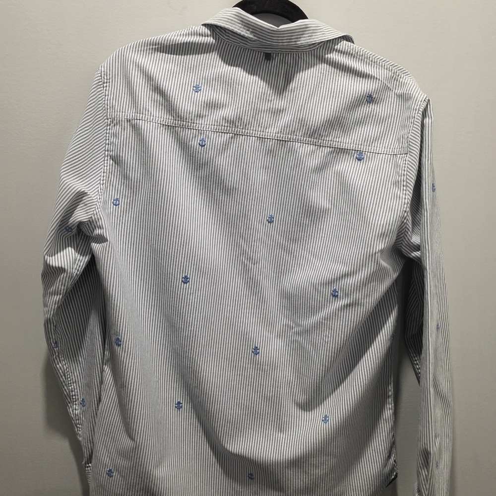 PD&C Men’s Blue White Striped Anchor Button Down Shirt Small Nautical - Picture 9 of 12